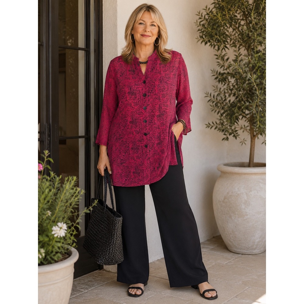 Chico's Design Silk Tunic Blouse‎ Womens 2 Red Black Geometric Print Button Up